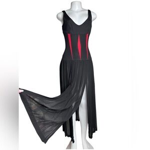 VTG 90s John Murrough Black Gothic Dress Sheer Chiffon Skirt Corset Bodice S XS